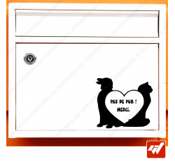 Sticker déco de boite aux lettres - chien et chat cœur amour animaux Stop pas de pub