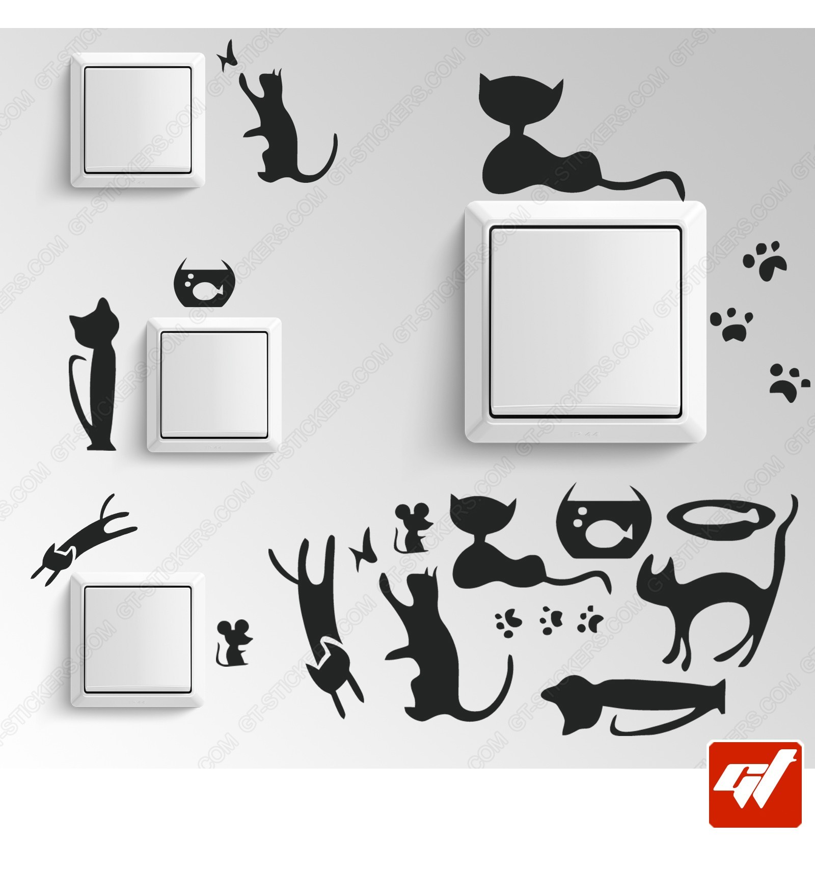 Sticker déco interrupteur pas cher - décoratif chats / chatons / souris /  poisson rouge - GTStickers